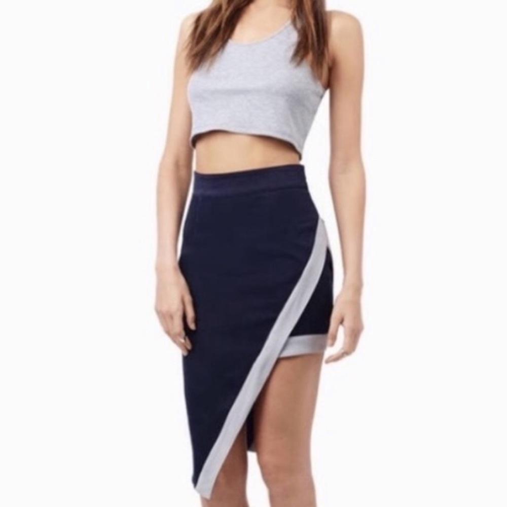 Blue Asymmetrical Midi Skirt with Gray Accent